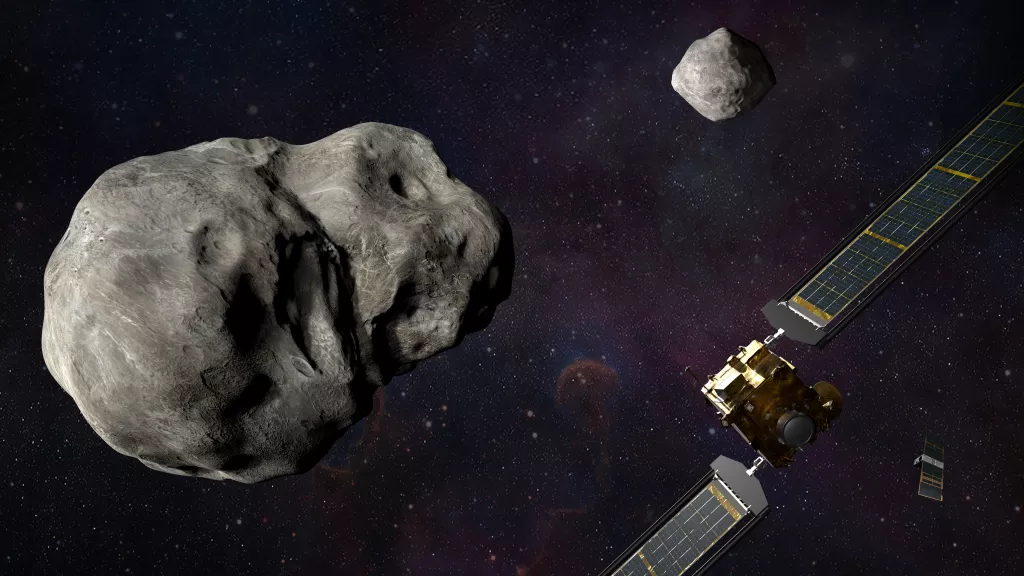 NASA的DART航天器將以每秒6公里的速度撞擊 Didymos 小行星，從而改變其軌道。圖片來源：NASA/JOHNS HOPKINS APL