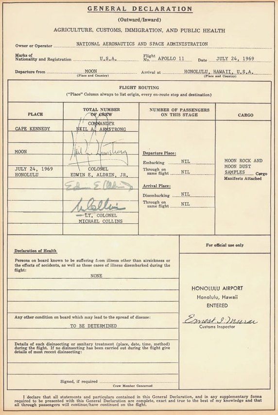 這是阿波羅 11 號從月球回來後的入境海關申報單