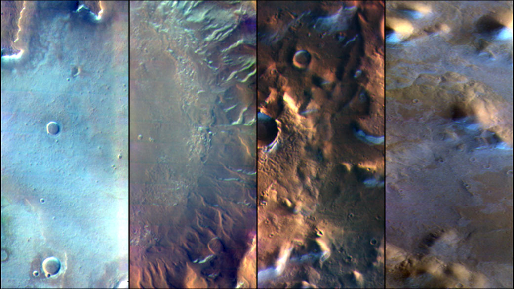 在美國國家航空暨太空總署的奧德賽軌道飛行器上的熱成像系統相機的這些圖像中，呈現出藍白色的是主要由二氧化碳組成的火星表層霜凍，而這也是在人眼可感知的可見光和熱敏紅外線下的拍攝圖像。