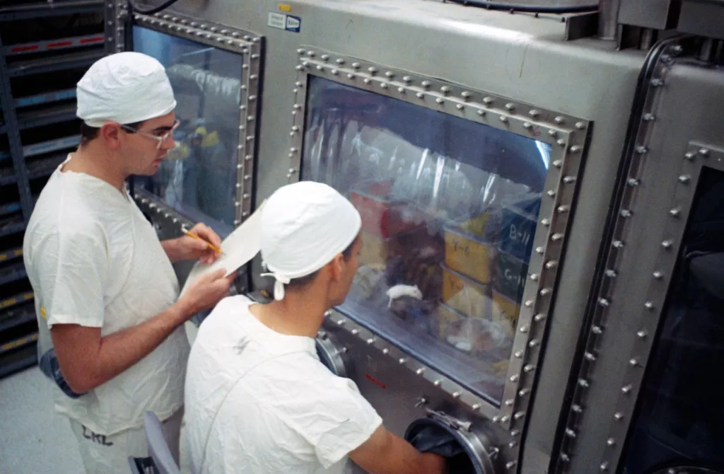 這張拍攝於 1969 年 8 月的照片，展示了實驗室技術人員在研究被注射了由阿波羅 11 號帶回的月球物質的小鼠