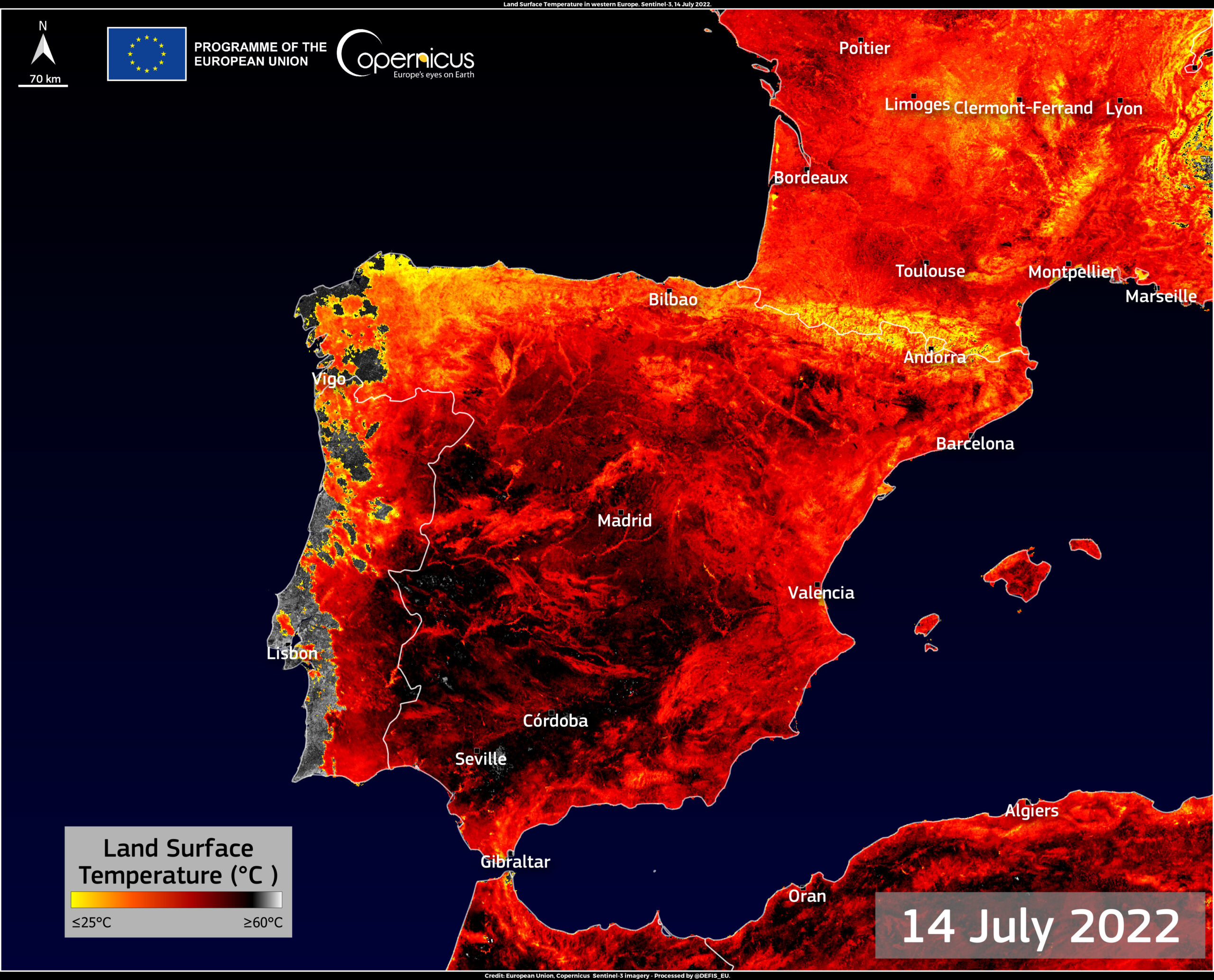 法國和西班牙的地表溫度 (圖片來源：哥白尼)