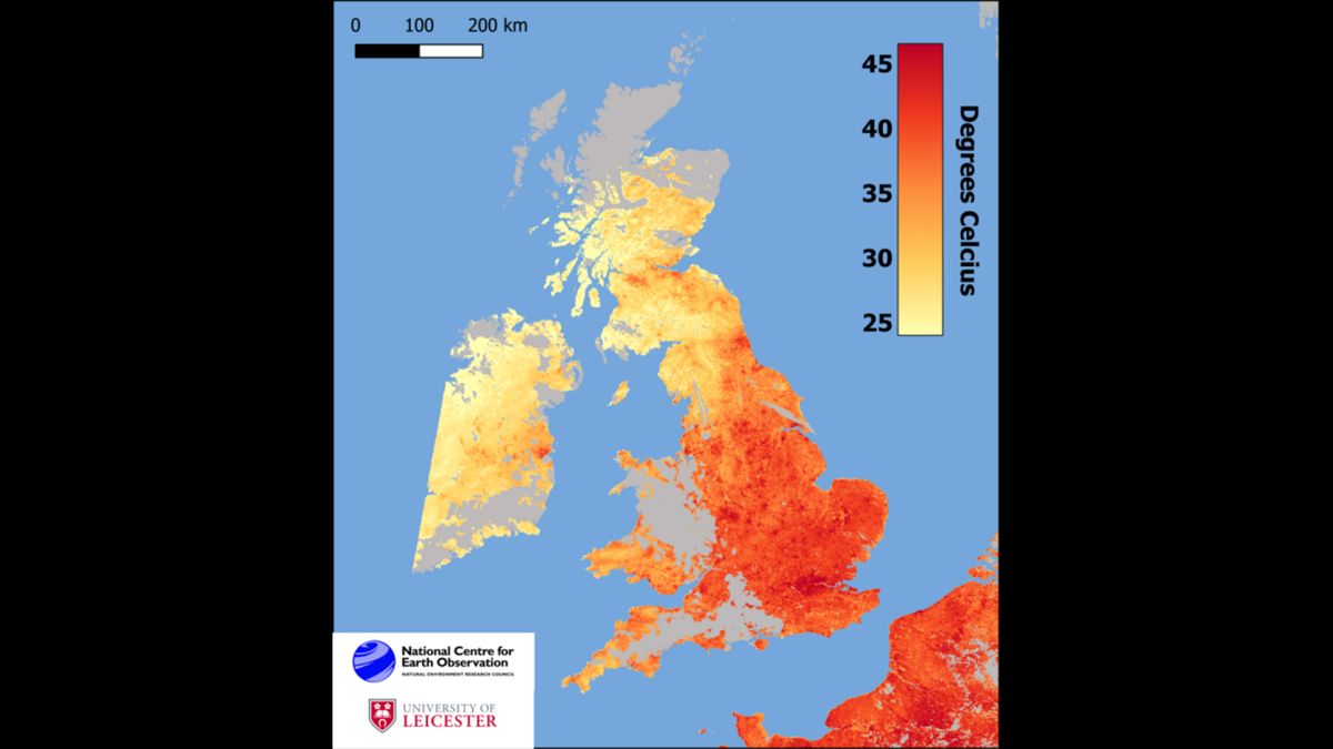 在 2022 年 7 月由衛星測量的破紀錄的英國的陸地溫度。