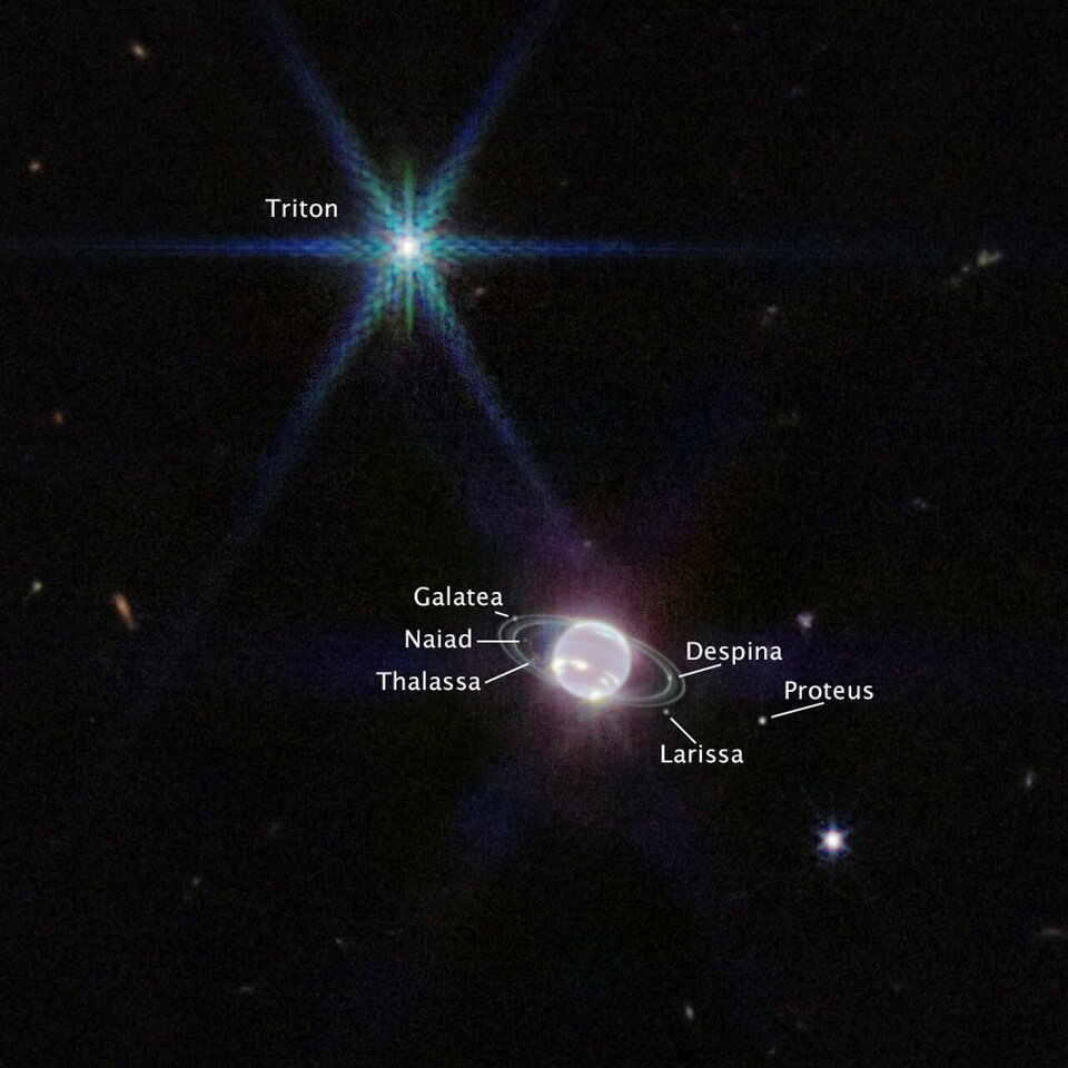 在這張由韋伯近紅外相機拍攝的海王星圖像中，這顆行星的可見衛星被標記了。 海王星有 14 顆已知衛星，其中七顆在這張圖片中可見。 海衛一是這張圖片左上角的亮點，它遠遠超過海王星，因為這顆行星的大氣層被韋伯捕捉到的甲烷吸收波長變暗了。 海衛一反射平均 70% 的陽光照射到它。 海衛一以反向軌道圍繞海王星運行。