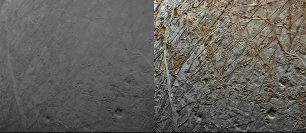 這兩張圖片顯示的是朱諾號探測器在 9 月 29 日近距離飛掠木衛二時拍攝到的木衛二的同一部分。左邊的圖像經過了最低限度的處理。一位民間科學家處理了右邊的圖像，增強的顏色對比使更大的表面特徵突出。